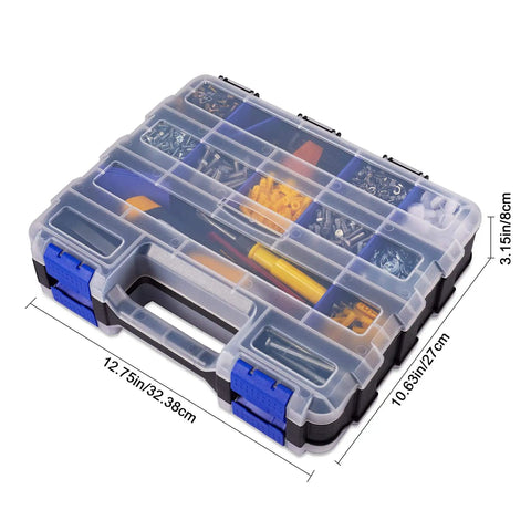 Double Sided 34 Compartment Small Parts Storage Case With Removable Dividers for screws, nuts, bolts, nails, transparent lid