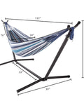 Double Outdoor Hammock With Stand And Carry Bag For Travel Or Backyard Lightweight Portable Setup With Powder Coated Steel Frame Blue Stripe Soft Polycotton Fabric