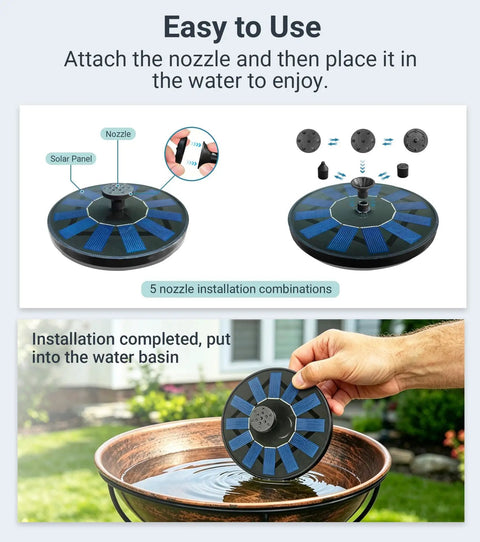 Floating Solar Bird Bath Fountain Pump With 6V 1.2W Panel setup in a water basin, showing 5 spray patterns and nozzle installation
