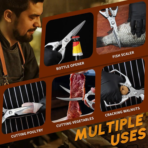 Beast Mode Heavy Duty Kitchen Scissors For Food Prep And BBQ, Multifunction Kitchen Shears With Dual-Shear Razor Blades, Sturdy Stainless Steel Family Kitchen Tool, Easy Grip, Cuts Meat, Veggies, And Ribs Like A Pro shown cutting poultry, fish, vegetables, and walnuts