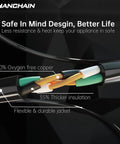 Close-up of flexible, waterproof 16 gauge 3-prong black Outdoor 100 Ft Extension Cord with thick insulation for durability.
