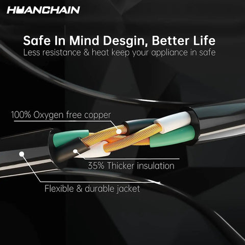 Close-up of flexible, waterproof 16 gauge 3-prong black Outdoor 100 Ft Extension Cord with thick insulation for durability.