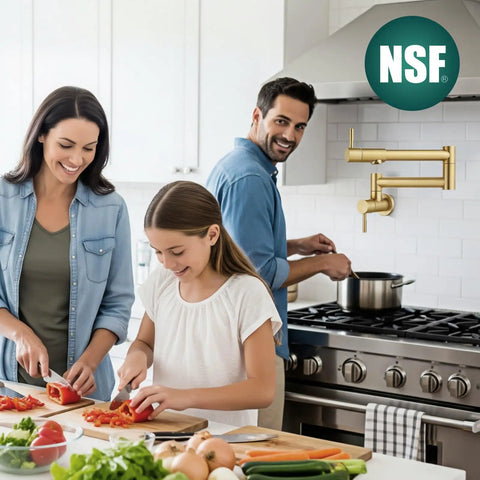 Family cooking with Wall Mount Pot Filler Faucet 19 Inch Folding Stretchable Kitchen Tap In Stainless Steel Brushed Gold, NSF certified