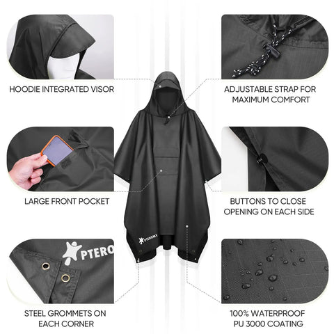 3 In 1 Hooded Rain Poncho For Adults With Pocket Waterproof Lightweight Unisex Rain Coat For Hiking Camping And Emergencies Black