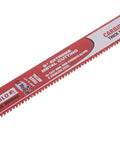 Close-up of a red carbide tipped reciprocating blade for fast clean cuts in metal wood and plastic, durable heavy duty saw blades with long life.