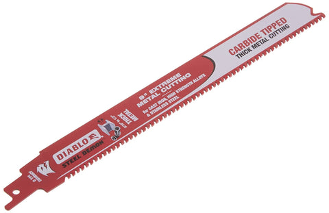 Close-up of a red carbide tipped reciprocating blade for fast clean cuts in metal wood and plastic, durable heavy duty saw blades with long life.