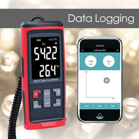Lux Meter Logger With Split Sensor For iPhone And PC, App Controlled Readings For Plant Growth, Accurate Ambient Light Measurements, Easy Reading Capture And In-Depth Light Data, red handheld device