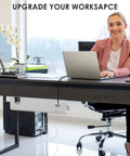 Office setup with woman at desk using Under Desk Cable Management Tray With 3M VHB Tape, Slim Steel Wire Organizer, Charger Holder