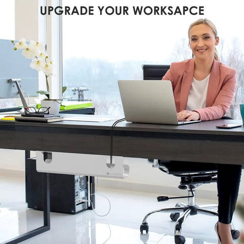 Office setup with woman at desk using Under Desk Cable Management Tray With 3M VHB Tape, Slim Steel Wire Organizer, Charger Holder