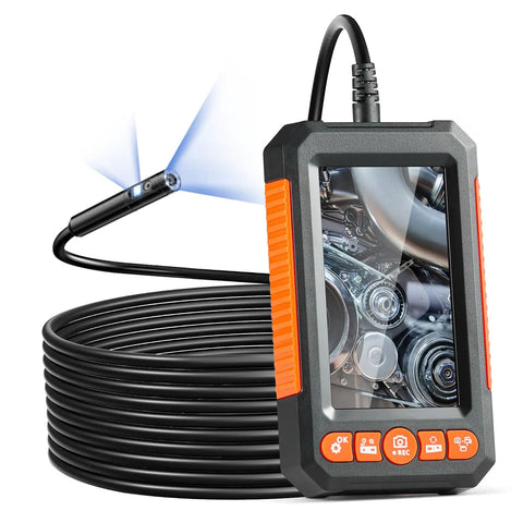 Dual Lens Endoscope Camera With Light For Auto And Plumbing, 4.3 Inch IPS Screen, 1080P HD Inspection Camera, 8 Plus 1 LED Lights With 3 Brightness Levels, 4X Zoom, IP67 Waterproof Snake Cam, 16.4 Ft Cable, 32GB Card Included, handheld unit with cable