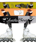 Beefy Wall Mounted Snowboard And Ski Rack Stash Up To Three Boards Horizontally Inside Your Garage Using Durable Plastic Multi Sport Gear Holder Home Organization with three colorful skateboards and roller skates.
