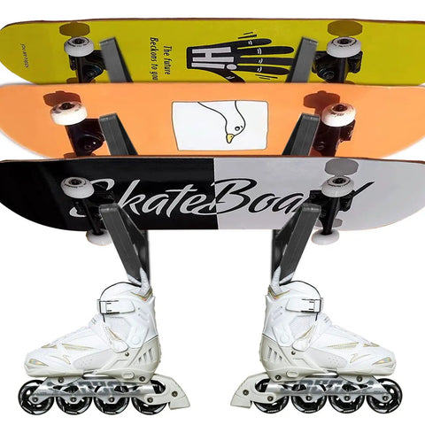 Beefy Wall Mounted Snowboard And Ski Rack Stash Up To Three Boards Horizontally Inside Your Garage Using Durable Plastic Multi Sport Gear Holder Home Organization with three colorful skateboards and roller skates.