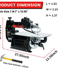 16 Inch Variable Speed Scroll Saw With Pinless Blades, 1.3A Motor, dimensions shown with a hammer for scale