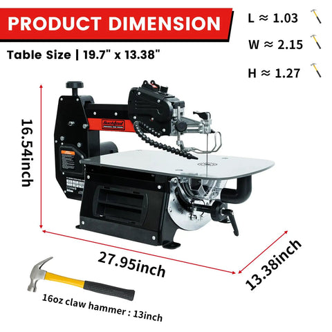 16 Inch Variable Speed Scroll Saw With Pinless Blades, 1.3A Motor, dimensions shown with a hammer for scale
