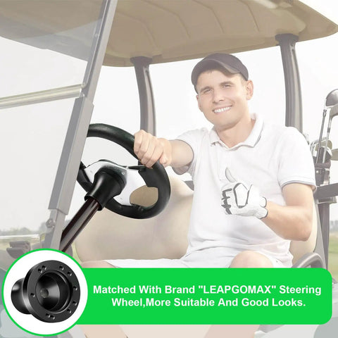 Universal Aluminum Steering Wheel Adapter For TXT RXV Marathon Medalist Golf Carts No Fuss Install Rust Resistant Alloy Premium Finish Durable Black Accessory in use on golf cart steering wheel.