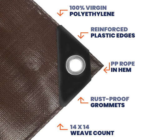 Corner of Heavy Duty 10 Mil Tarp Cover Waterproof UV Resistant Rip And Tear Proof Poly Tarpaulin, showing reinforced edge and grommet
