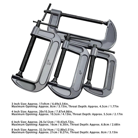 Top Grade 4 Pcs Industrial Strength C Clamps Set With Heavy Duty Steel Construction For Woodworking Carpentry And Welding Projects Including Versatile 3 4 6 And 8 Inch Sizes; 4 steel clamps in various sizes.