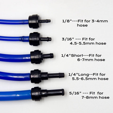 Group of five PA66 automotive spring check valves on blue hoses; barb sizes from 1/8 in to 5/16 in