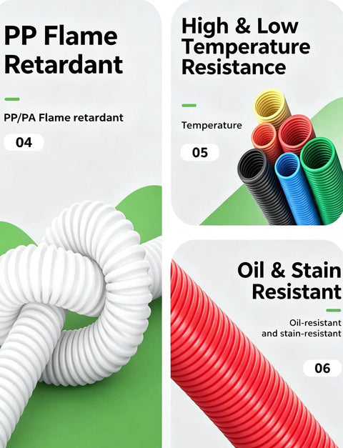 Heavy Duty Polypropylene Conduit For Flexible Cable Raceway With Flame Resistant Cover, white and red flexible tubes on green background.