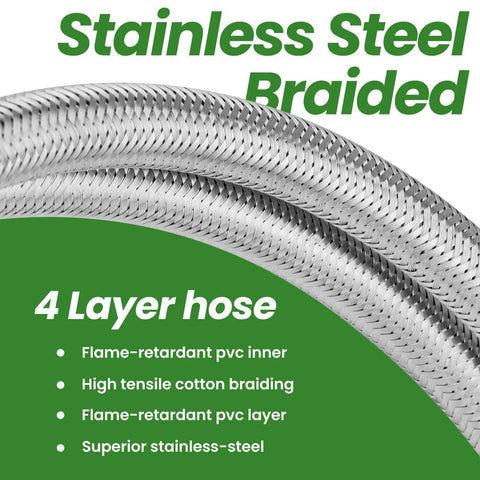 Close-up of 15 Inch RV Propane Hose With Gauge Stainless Steel Braided Camper Gas Hose 2 Pack One Quarter NPT Male To QCC1 Quick Connect
