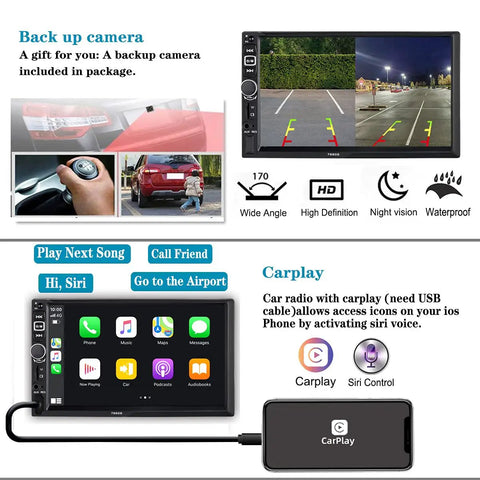 Double Din Car Stereo With Apple CarPlay And Android Auto, 7 Inch HD Touchscreen with backup camera and voice control display