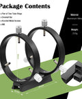 Adjustable Guiding Scope Ring Set With Plate, 90mm Inner Diameter, pair with teflon inlay clamps, showing dimensions and package contents.
