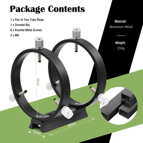 Adjustable Guiding Scope Ring Set With Plate, 90mm Inner Diameter, pair with teflon inlay clamps, showing dimensions and package contents.
