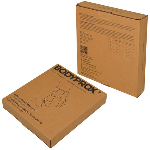 Packaging of Lace Up Ankle Brace Unisex Support, Medium Size, showing durable stabilizer for sprained ankles, lateral support for men and women.
