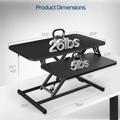 Height Adjustable 32 Inch Desk Converter With Sit To Stand Quick Elevation Tabletop Dual Monitor Riser for Home Office, showing dimensions and weight capacity