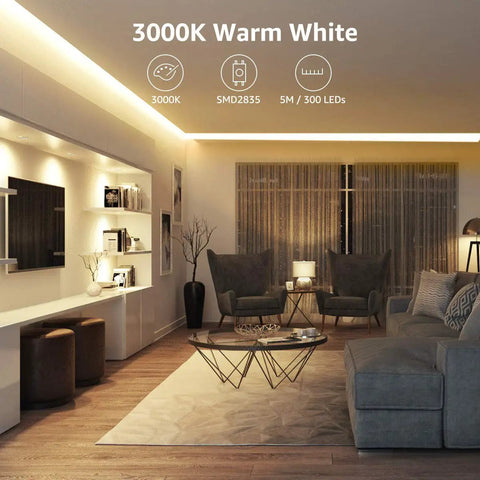 Modern living room illuminated by Dimmable 16.4Ft White LED Strip Light 3000K Warm White Tape Lights For Your Home Setup Kitchen Under Cabinet Bedroom Vanity, 2835 SMD 300 LEDs, Strong 3M Adhesive, Easy Install, Energy Saving.