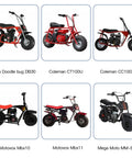 Mini bike models including Baja Doodle Bug DB30, Coleman CT100U, CC100X, Motovox MBX10, MBX11, and Mega Moto MM-B80 displayed side by side.