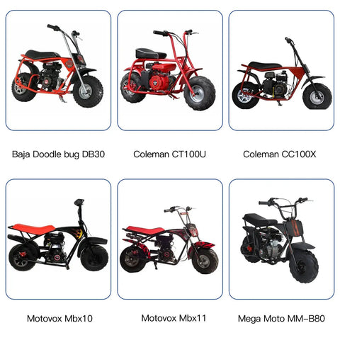 Mini bike models including Baja Doodle Bug DB30, Coleman CT100U, CC100X, Motovox MBX10, MBX11, and Mega Moto MM-B80 displayed side by side.