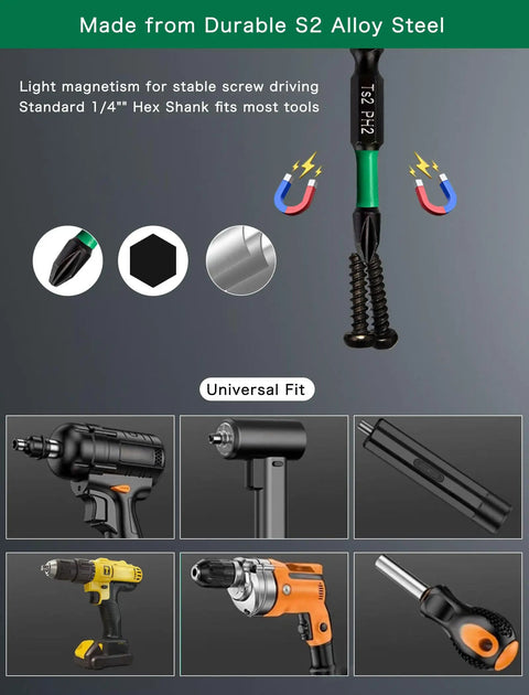 All In One Magnetic Drill Bit Set For Impact Drivers, 10 Piece S2 Steel Bits With PH1 PH2 PH3 PZ2 And Torx T10 To T30