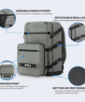 Gray backpack with detachable small bag and luggage strap, showing hideable handle straps and bottom air vent design features.
