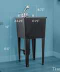 Space Saving All-In-One Utility Sink Kit With Chrome Finish Pull-Out Faucet, Black Narrow Tub, Soap Dispenser; side view