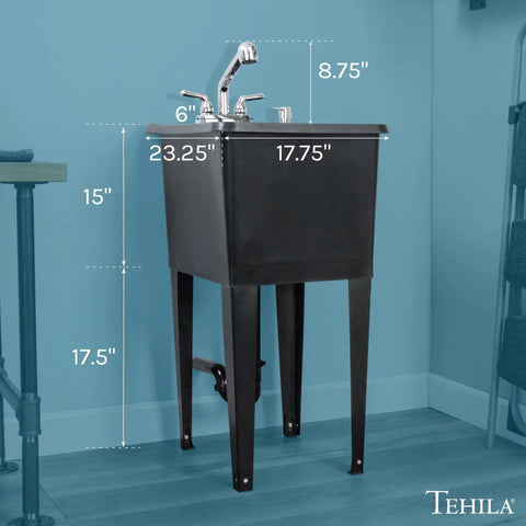 Space Saving All-In-One Utility Sink Kit With Chrome Finish Pull-Out Faucet, Black Narrow Tub, Soap Dispenser; side view