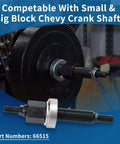 Harmonic Balancer Installation Tool For Chevy Small Block And Big Block Cranks, shown in use with Chevy crankshaft, steel construction.