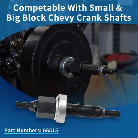 Harmonic Balancer Installation Tool For Chevy Small Block And Big Block Cranks, shown in use with Chevy crankshaft, steel construction.