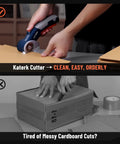 Katerk Cordless Electric Box Cutter With Safety Lock And Led Light cutting cardboard cleanly with ergonomic grip, showcasing easy usage.