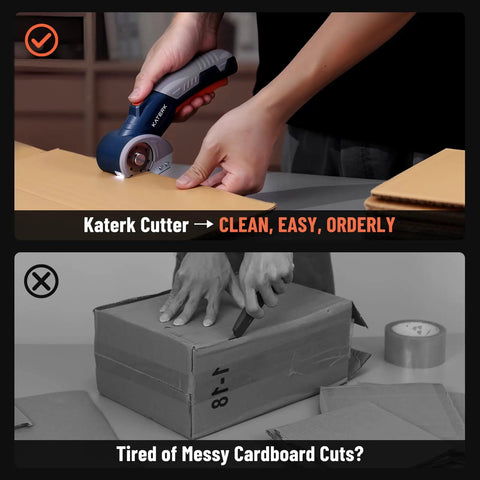 Katerk Cordless Electric Box Cutter With Safety Lock And Led Light cutting cardboard cleanly with ergonomic grip, showcasing easy usage.