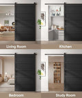 48 By 84 Inch Sliding Barn Door Kit With Wave Shape Panel And Hardware, Black Finish, Installed in Different Room Settings