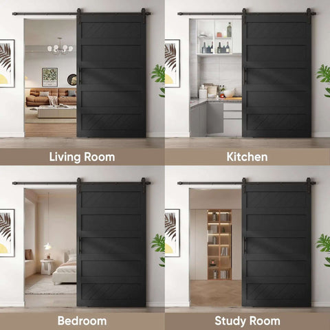 48 By 84 Inch Sliding Barn Door Kit With Wave Shape Panel And Hardware, Black Finish, Installed in Different Room Settings