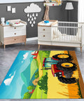 Cartoon Tractor Rug Non Slip Doormat For Living Room Bedroom Kitchen Classroom Office 5x7 Ft Kid Friendly Machine Washable Durable Carpet Mat With Farm Theme Playful Decor in nursery setting.