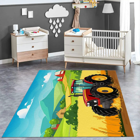 Cartoon Tractor Rug Non Slip Doormat For Living Room Bedroom Kitchen Classroom Office 5x7 Ft Kid Friendly Machine Washable Durable Carpet Mat With Farm Theme Playful Decor in nursery setting.