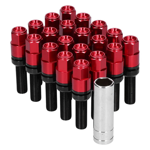Rock Out With These 21 PC Extended Lug Kit Nuts Featuring M14x15 Thread Fitment For Serious Auto Mods and Style Upgrades That Slam Your Ride Down Low With Maximum Grip And Durability On The Block. Red steel M14x1.5 extended lug nuts set with socket