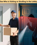 Anti-Theft Doorbell Camera Mount No-Drill For Battery Doorbells installed on door with delivery person and night vision alert scene