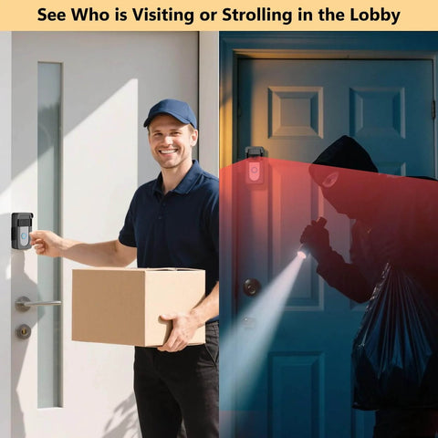 Anti-Theft Doorbell Camera Mount No-Drill For Battery Doorbells installed on door with delivery person and night vision alert scene