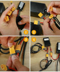 Hands assembling Dual Battery Parallel Connector for Electric Bikes 20V-72V DC Power Kit with XT60 Plug 40A on table.