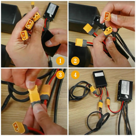 Hands assembling Dual Battery Parallel Connector for Electric Bikes 20V-72V DC Power Kit with XT60 Plug 40A on table.