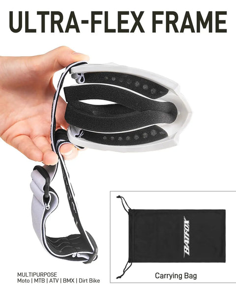 Badass Slick Dirt Bike Goggles For Motocross And Atv Riding with flexible frame and protective carrying bag.